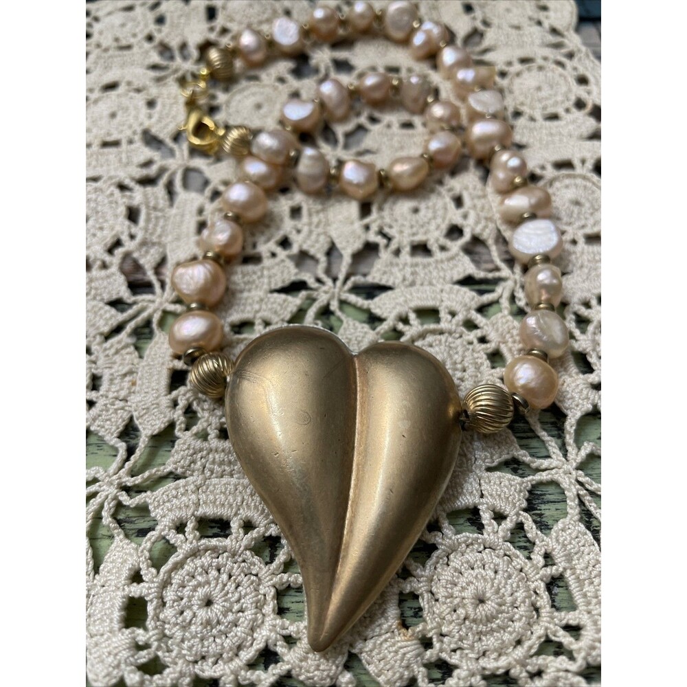 Heart Necklace Choker 16” Valentines Day Fresh Water Pearls Hand Crafted